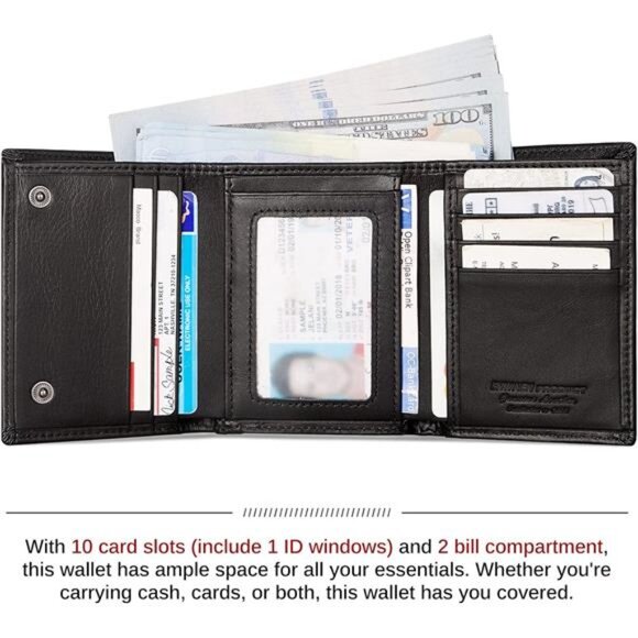 Mens Wallet with Chain, Genuine Leather Trifold Wallet RFID Blocking Anti-Theft - Picture 3 of 7